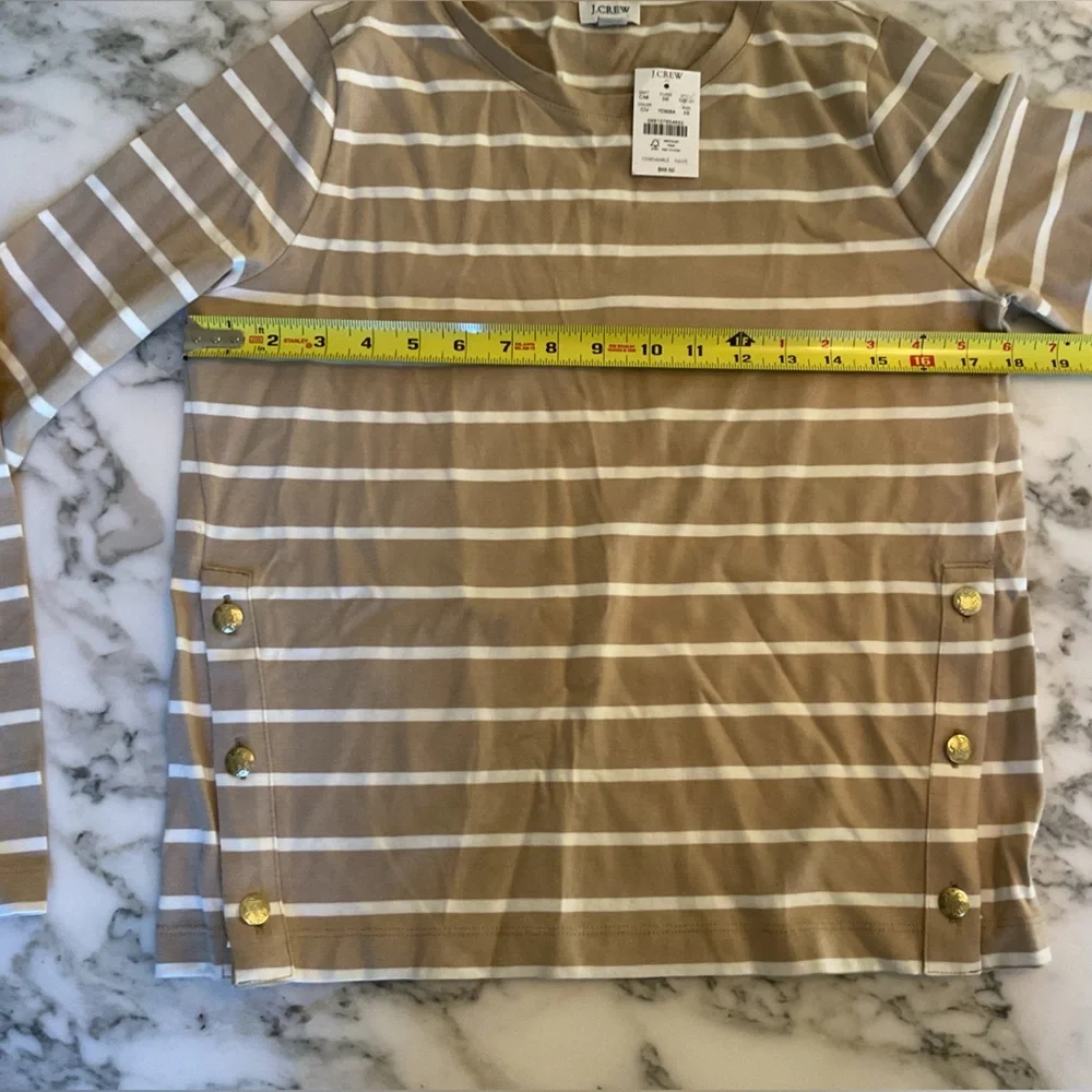 NWT J Crew Tan Striped long-sleeve side-button top Sz XS - tiny pinhole in back - Picture 5 of 8